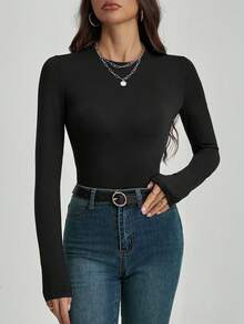 Long-Sleeved Bodysuit With A Round Crew Neck, Fitted, Smooth, Stretchy Fabric. - 黑色的 - 查看 7