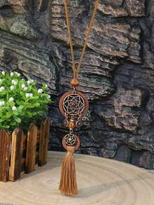 1/3pcs Bohemian Vintage Jewelry Set - Long Pendant Necklace, Tassel Leaf Design Earrings, Polka Dot Pendant Versatile Hippie Style Accessories For Women, Daily Wear, Party, Commute - Coffee Brown - View 1