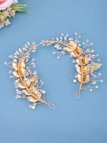 1pc Women's Wedding Leaf Alloy Pearl & Rhinestone Soft Chain Headband - Gold - View 6