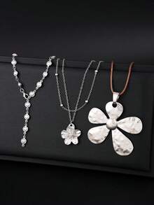 17KM 3件套简约时尚夸张银色极简粗链花朵吊坠项链套装，长款Y字链项链，适合情侣、度假、约会、日常、派对、婚礼，可作为送给女友或母亲的礼物。 - 銀色 - 查看 4
