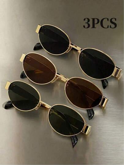 3pcs Retro Bohemian Metal Oval Eyeglasses, High-End Decorative Glasses, Suitable For Both Men And Women