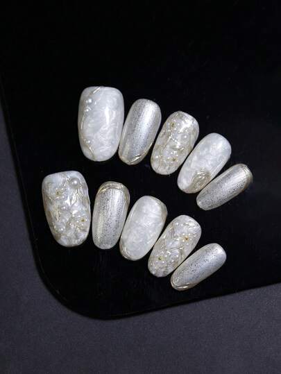 10pcs Oval Short Glossy Shimmer Pearlescent 100% Handmade Press On Nails Golden Hand Drawn Flower Nail Decoration French Style Nail Art Design For Women And Girls Daily Life And Party