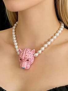 夸张粉色珐琅豹头珍珠吊坠项链，复古Y2K女士颈链，适合日常佩戴、派对、度假、街头摄影 - 彩色 - 查看 6