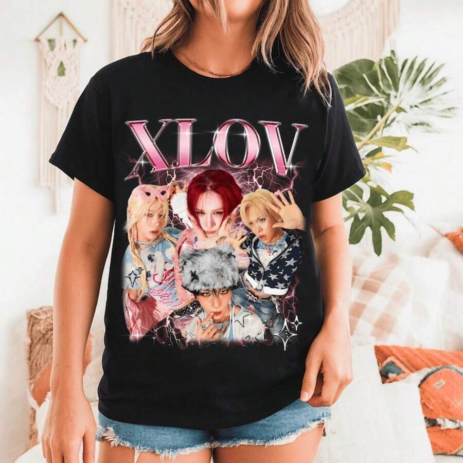 Retro XLOV Kpop Graphics T-Shirt, Xlov UXLXVE Album Shirt, Xlov Rizz Shirt, XLOV Kpop Members Tee - 黑色 - 查看 1