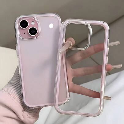 1pc Pink Framed Transparent Minimalist Lens Protection Anti-Fall Anti-Collision Phone Case, Personalized For IPhone 16 Pro Max, 17/16/15/14 Plus/13/12/11, Air