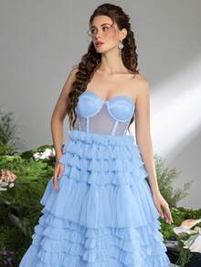 Faeriesty Elegant Strapless Evening Dress: Layered Ruffle Dress, Sheer Tie Back, Voluminous Tulle Skirt, Embellished Bodice, Suitable For Wedding Ceremony, Bridal Photography, Outdoor Romantic Portraits, Formal Occasions, Garden Celebrations Party Spring - Blue - View 2