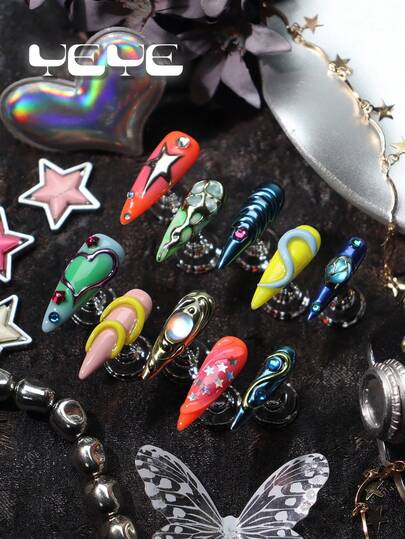 10片装美甲贴片，尖头中号，白色、橙色、黄色、裸色、绿色、渐变绿、金属蓝、金色，北欧3D立体装饰元素，心形、星星、彩色美甲宝石，北欧全覆盖亚克力手工美甲贴片套装，Y2K美甲用品，适合女孩和女士，包含1个迷你指甲锉和1张粘合贴片，美甲适合日常、派对、休闲、度假、工作、节日佩戴，春夏必备，最佳礼物