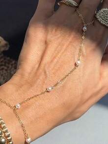 1pc Faux Pearl Connected Finger Ring Bracelet, Unique Design Fashionable Versatile Bracelet Ring Set For Women - Gold - View 1