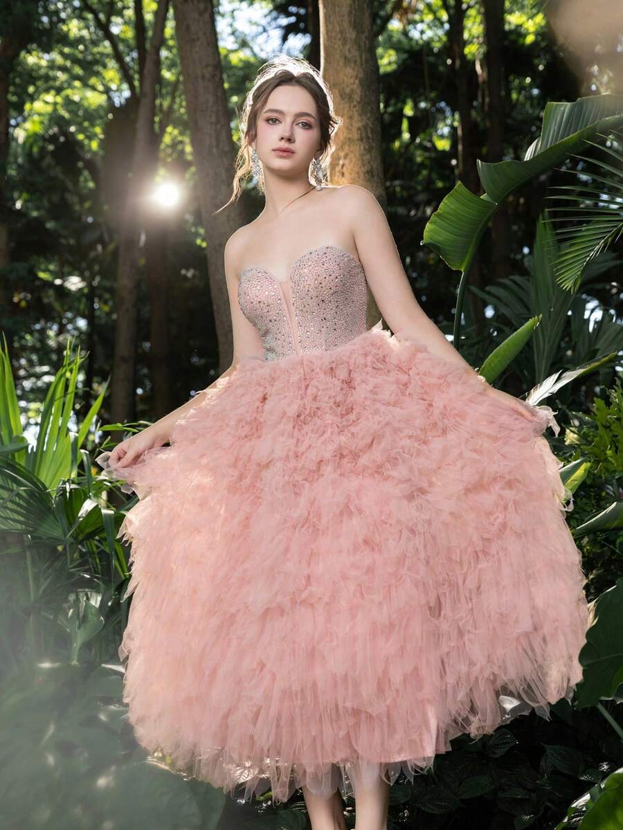 Faeriesty Elegante abito da sera senza spalline con scollo a cuore impreziosito da cristalli, vita aderente e gonna plissettata lunga a linea A, adatto per balli, lauree e occasioni serali, rosa per matrimoni primaverili/estivi