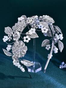 1件奢华优雅女士头饰，仿珍珠水钻发箍，合金花叶装饰，新娘头饰，婚礼派对摄影配饰，女士配饰，银色发饰，春夏发饰 - 銀色 - 查看 7