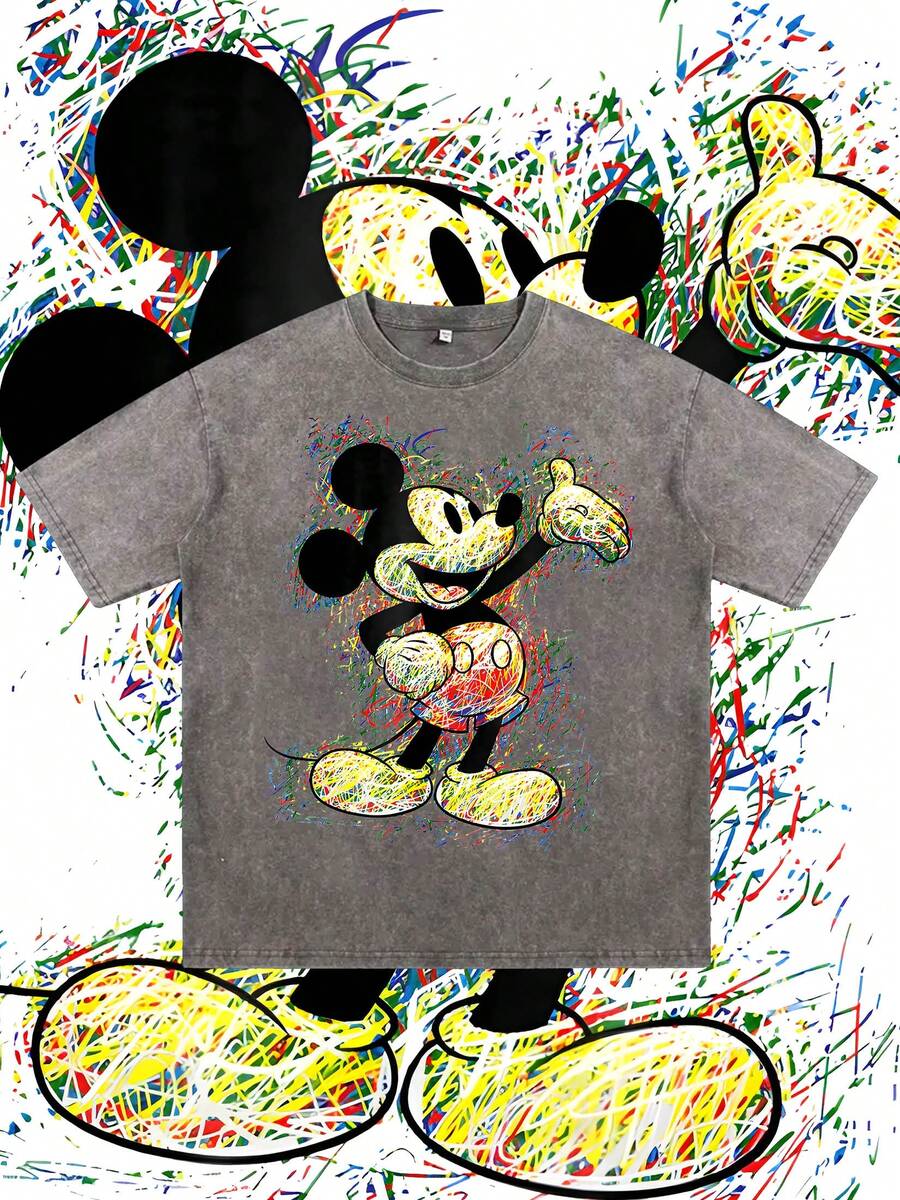 Disney, Disney Mickey Mouse ; T-shirt d'été à manches courtes pour homme, effet vieilli, coupe unique, pur coton, confortable et respirant, style streetwear décontracté, col rond ; une marque de mode de haute qualité, un cadeau surprise idéal pour la famille et les amis. - Gris - Voir 1