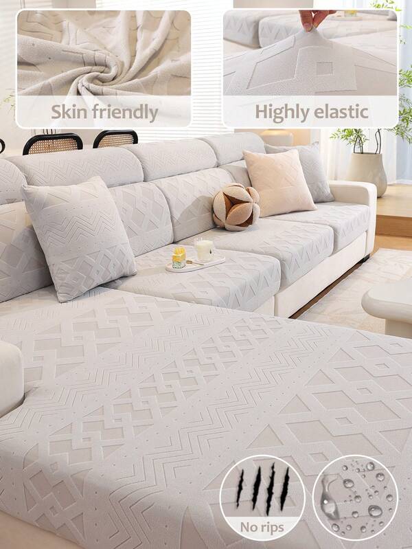 1 PC Jianji Shake Fleece Solid Color Jacquard Full Cover Sofa Hat Set With Three Seats And One Noble Consort Anti Cat Scratch And Anti Slip Four Seasons Universal Straight Line Sofa Cover Cloth,Living Room 1/2/3/4 Seat Sofa Cover