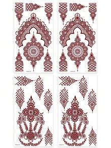 4张海娜花卉临时纹身贴纸，红棕色海娜曼陀罗花蕾丝图案性感防水人体彩绘纹身，适用于手部、手臂、背部、节日、派对、日常佩戴 - 棕色 - 查看 9