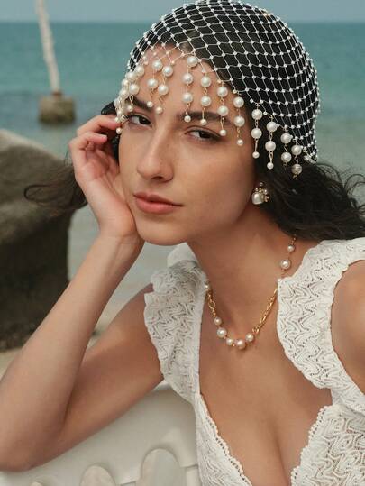 Opalesca 1pc White Pearl Decorated Hairband With Rhinestone Accent For Women, Luxury Headpiece Halloween