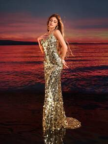 女士金色亮片拼接深V领露背长款派对晚礼服 - 金色 - 查看 5