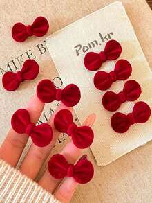 时尚毛绒红色蝴蝶结发夹，复古优雅刘海夹，适合女性日常佩戴（无卡片） - 紅色 - 查看 7