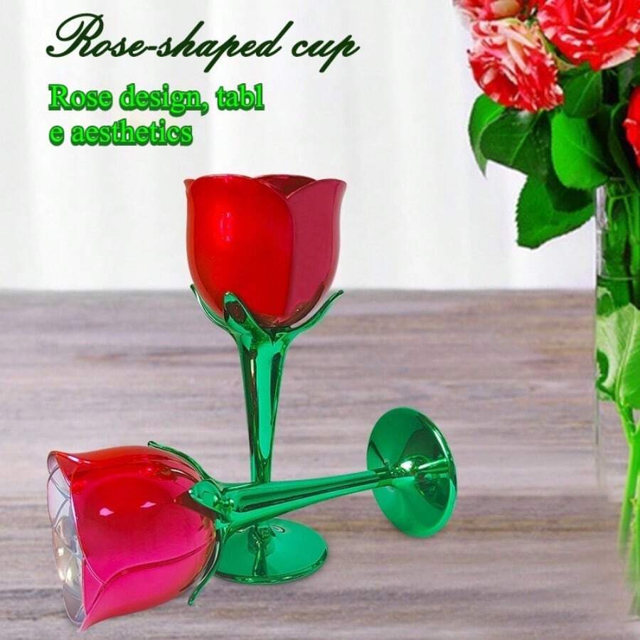1 Pair Rose Electroplated Plastic Wine Glasses, Flower Shaped Cups For Valentine's Day Wedding - Red and White - View 1