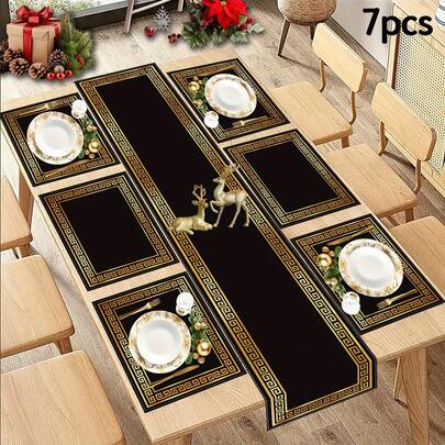 5/7pcs Set (Table Runner 33*183cm + Placemat 30*45cm), Seasonal Table Runner And Placemat Set, Washable For Kitchen, Dining Table, Hotel, Holiday Party, Suitable For Home, Outdoor, Festival, Party Table Decor, Tablecloth, Chinese Style Tablecloth, Plate, Food Tour, Serving Tray, Travel Set, Table Brush, Coaster, Tray Mat, Travel, Coaster, Kitchen Accessories
