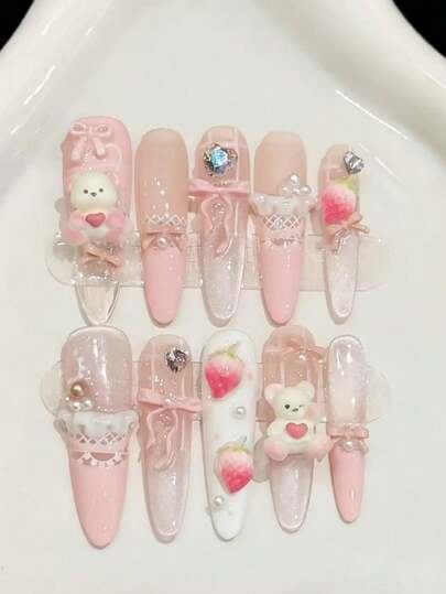 10片装奢华手工美甲贴片，长款尖头假指甲，粉色梦幻光影设计，配有3片美甲工具和胶贴，适合女孩和女士日常工作和生活。可爱蝴蝶结，秋季风格。粉色美甲。长款手工美甲贴片