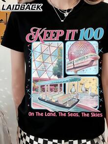 Laidback "Keep It 100" Retro Theme Park Oversized T-Shirt, Unisex Casual Short Sleeve Crew Neck Tee, Vintage Amusement Park Graphic Print Top, Perfect For Vacation Trips, Casual Outings, Daily Wear & Nostalgia Fans, Ideal Gift For Gen Z, Trendsetters & Comfort Seekers, Soft Breathable Fabric - 黑色 - 查看 7