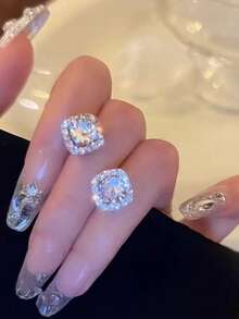 Fashionable Minimalist Exquisite Sparkling Fully Paved Square Rhinestone Luxurious Elegant Small Square Stud Earrings - White - View 8