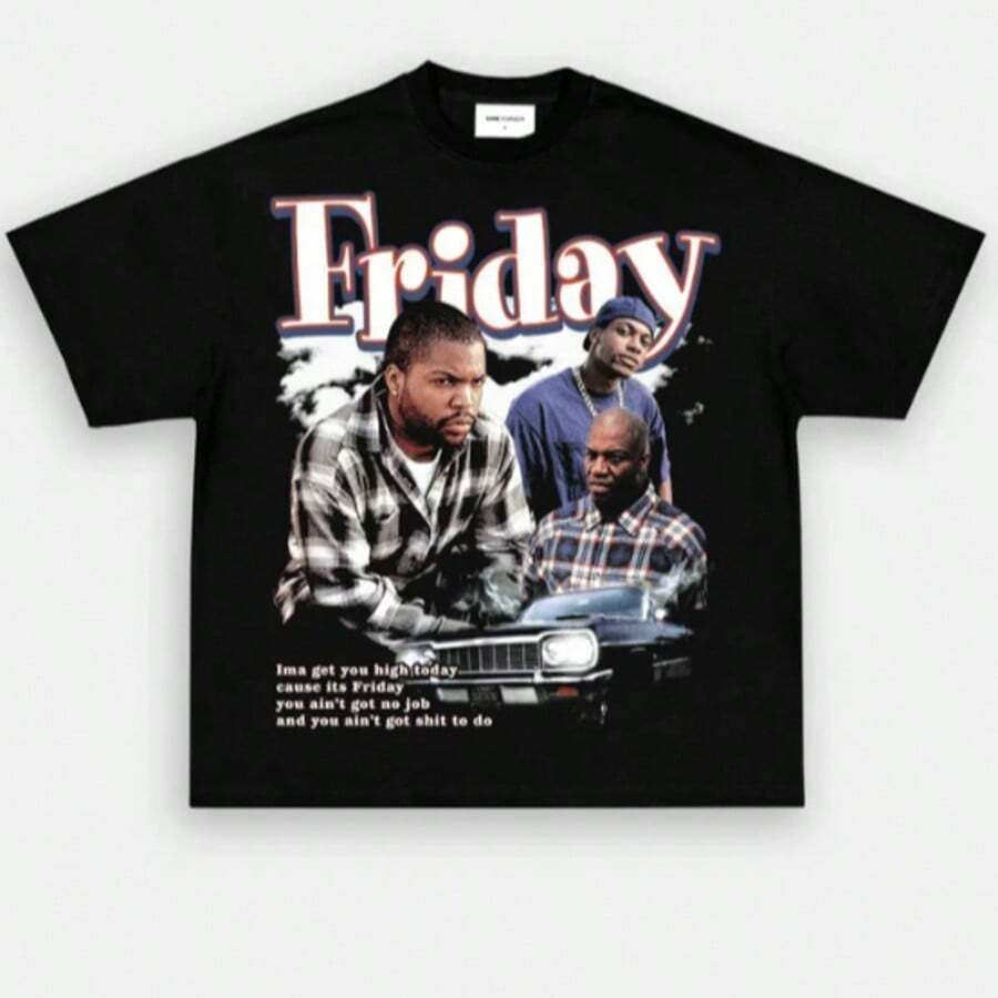 Friday Damn1995 Movie Unisex 90s Hiphop Rap Graphic Print Round Neck Casual Short Sleeve T-Shirt Tees Women Tops,Men's Vacation Outfit, Oversized Y2K Streetwear Tee,Graphic Tees Men,Funny Shirts - 黑色4 - 查看 1