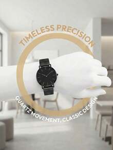 1pc Black Mesh Stainless Steel Quartz Watch, Unisex Fashion Business Style, Minimalist Dial Design Suitable For Daily Commute And Business Occasions, Ideal Gift For Birthday, Christmas, Anniversary, Back To School, Holidays For Friends And Couples - Black - View 5