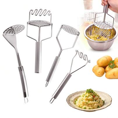 1pc Stainless Steel Potato Masher, Multiple Styles Available, Manual Kitchen Mashing Tool With Retractable Handle, Potato Puree Mixer, Suitable For Guacamole, Baby Food, Garlic Paste, Easy To Clean, Kitchen Accessory