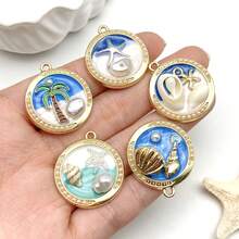 2/7 piezas Colgante redondo con estilo de playa, chapado en oro, con diseño de estrella de mar, concha y estilo retro francés en color azul océano para hacer collares, aretes y accesorios de llavero - Azul - Ver 3