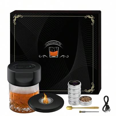 Electric Whiskey Smoker Set With Built-In Electric Lighter, Rechargeable Cocktail Smoker Set Includes 6 Natural Wood Shavings, Suitable For Family Gatherings, Parties With Friends, And A Perfect Gift For Men, Fathers, Birthdays, Father's Day, And Christmas (Butane-Free). A Perfect Gift For Whiskey And Bourbon Lovers.