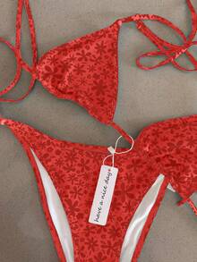 Polovedo官方新款春夏时尚休闲性感红色印花女士挂脖系带比基尼套装，适合海滩、度假、派对等场合。 - 印花 - 查看 1