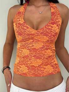 Women's Lace Halter Tank Tops Sleeveless Deep V-Neck Backless Slim Fit Vest Streetwear - 橘色 - 查看 1