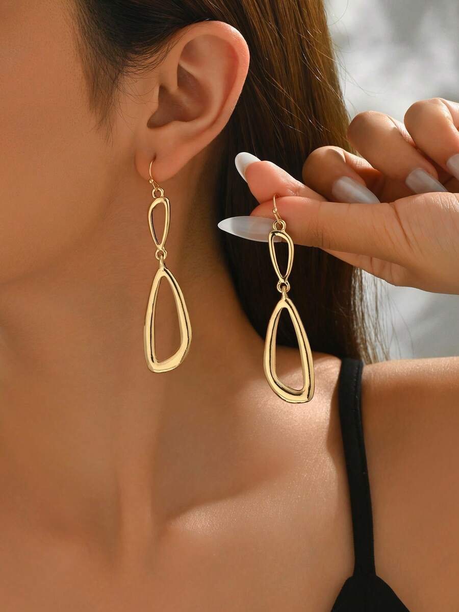 一对简约金属几何不对称双环长款垂坠耳环，适合女性日常佩戴 - 金黃色 - 查看 1