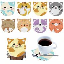 8pcs DIY Diamond Painting Coaster Set With Stand - Cat Theme, Round And Asymmetrical Diamond Shapes, Wooden Craft Kit, Suitable For Adults And Beginners - View 9