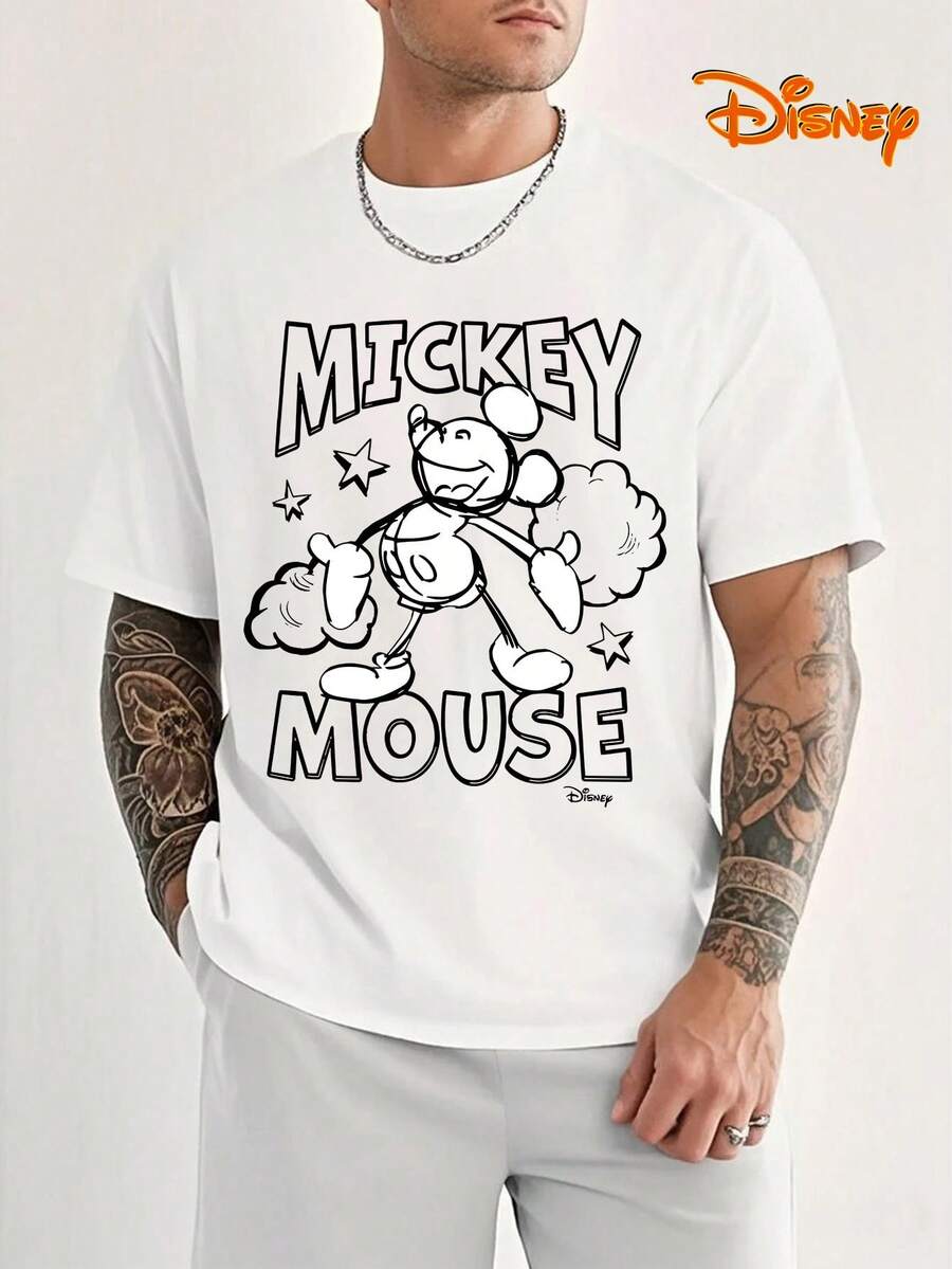 Disney Men's Casual T-Shirt, Sketch Mickey Print, Retro Art Design, Oversized Fit, Ideal For Nostalgic Style - 白色 - 查看 1