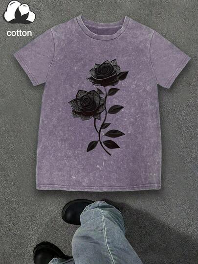 大码女式休闲玫瑰藤蔓印花圆领短袖T恤，适合春季、夏季、秋季、情人节、返校季穿着。