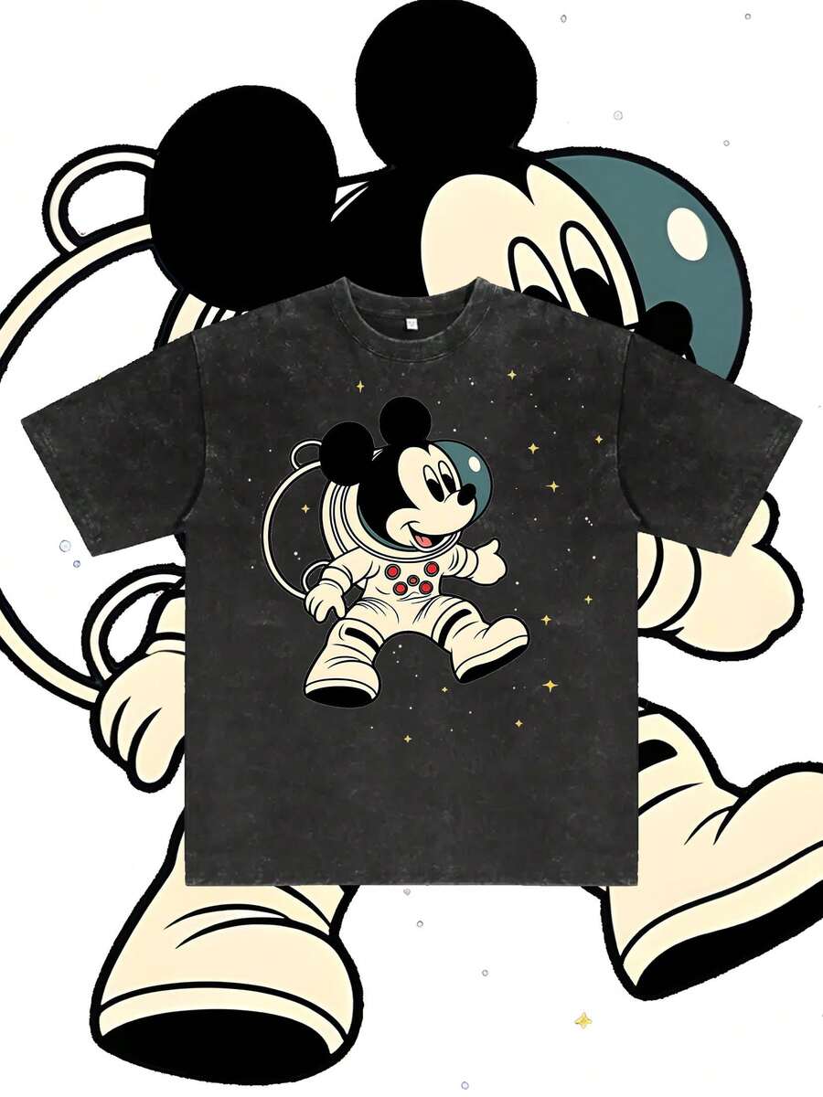 T-shirt d'été pour homme à manches courtes, en pur coton lavé, motif astronaute Mickey Mouse de Disney, effet vieilli, coupe une pièce, tissu en pur coton, confortable et respirant, style streetwear décontracté, col rond ; une marque de mode de haute qualité, un cadeau surprise idéal pour la famille et les amis. - Noir - Voir 1