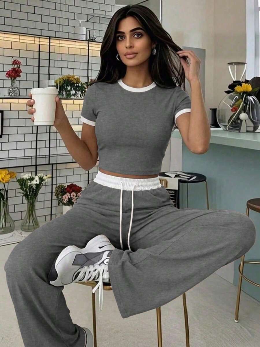 Casual Street Style Ribbed Contrast Color Round Neck Short Sleeve Top And Pants 2 Pieces Set Summer Elegant