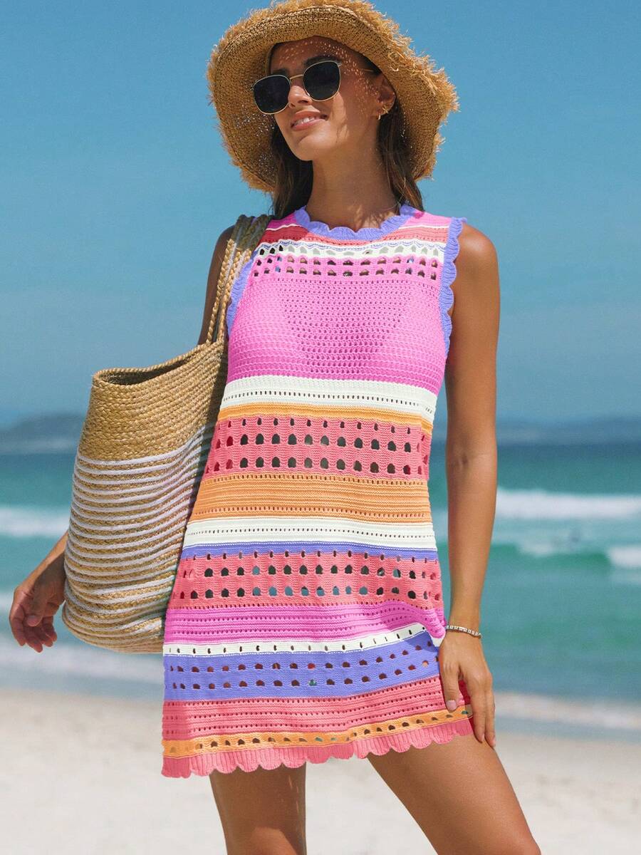 女士钩编蕾丝沙滩罩衫无袖拼接泳衣裙 - 玫紅色 - 查看 1