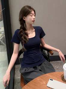 U-Neck Short Sleeve T-Shirt, Stretchy Slim Fit Solid Color All-Match Tee Casual Summer - Navy Blue - View 5