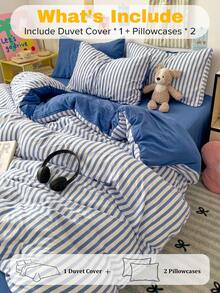 3pcs/Set, Simple Blue & White Striped Korean Style Duvet Cover Set (1 Duvet Cover + 2 Pillowcases, Comforter & Pillow Inserts Not Included), Washed Synthetic Fiber, Full Size, Soft & Comfortable, Suitable For Dorm, Home Bedroom, Hotel, All Seasons, Zipper Closure, Multi-Color Durable, Oversized Bedding Set - 藍色 - 查看 4