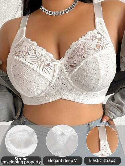 プラスサイズ女性用ワイヤレスブラ、フラワープリント、通気性、滑りにくい、レースパッチワーク、サポート力、調整可能なストラップ、シームレス、デイリー使いに適しています