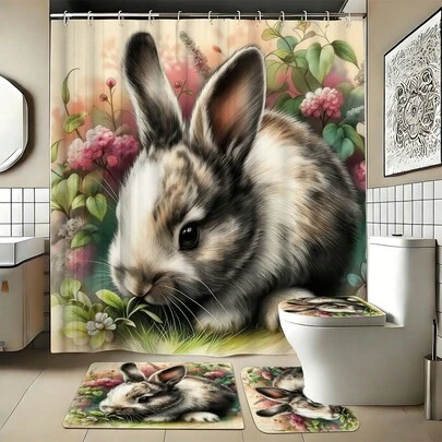 1/3/4PCS Spring/Summer Floral Rabbit Healing Bathroom Set (4 Pieces) Home Decor, Bathroom Curtain, Bathroom Set, Including Shower Curtain And Shower Curtain Set. This Decorative Bathroom Set Includes A Shower Curtain, U-Shaped Toilet Seat Cover, Non-Slip Mat, Toilet Seat Cover, And 12 Shower Curtain Hooks. Suitable As A Housewarming Gift, Birthday Gift, Holiday Gift, Or A Gift Between Boyfriends/Girlfriends.