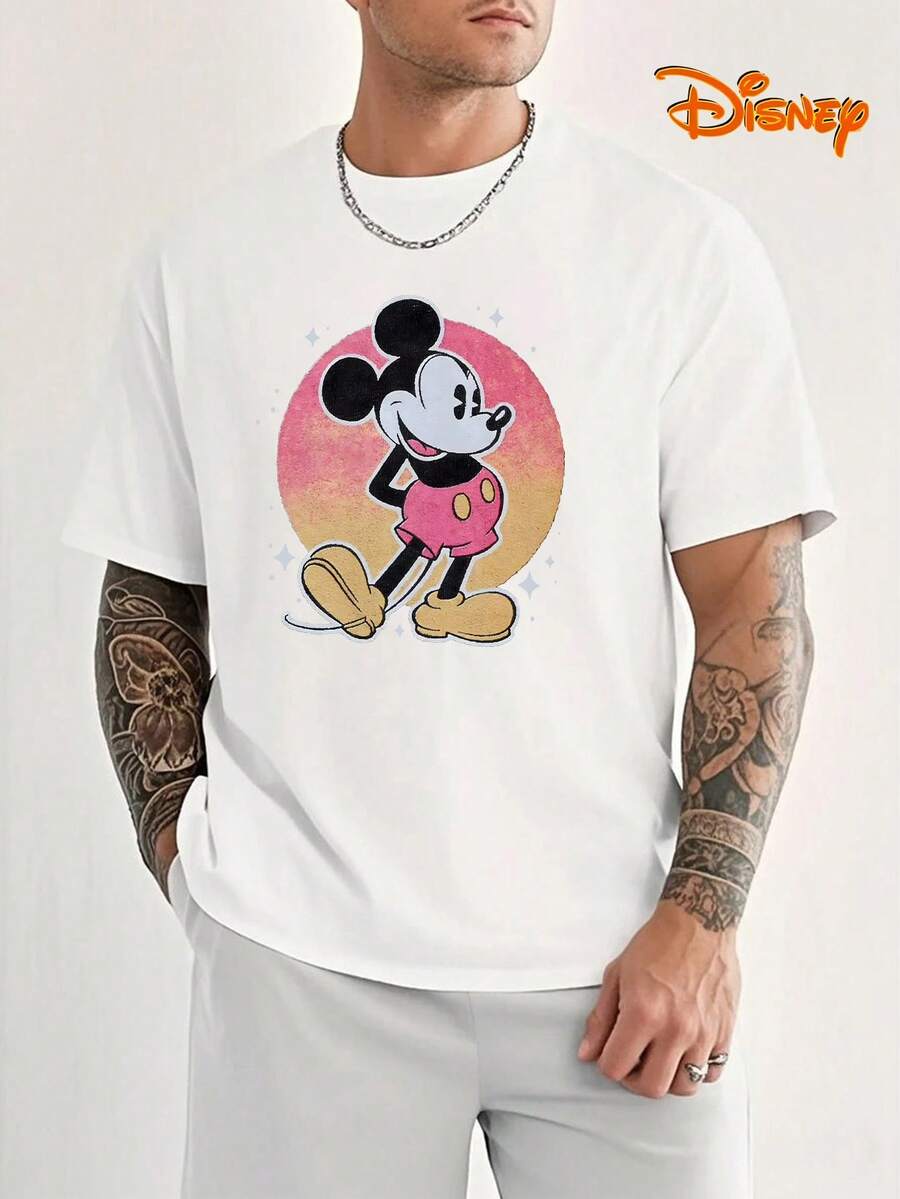 Disney Men's Casual T-Shirt, Mickey Sunset Gradient Print, Retro Pop Art Design, Oversized Fit, Ideal For Style - trắng - Xem 1