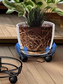 1pc Black Round Metal Flower Stand With Wheels, Movable Floor Plant Holder - Round - View 5