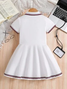Girls Letter Embroidery Striped Trim Polo Neck Pleated Hem Dress - White - View 2