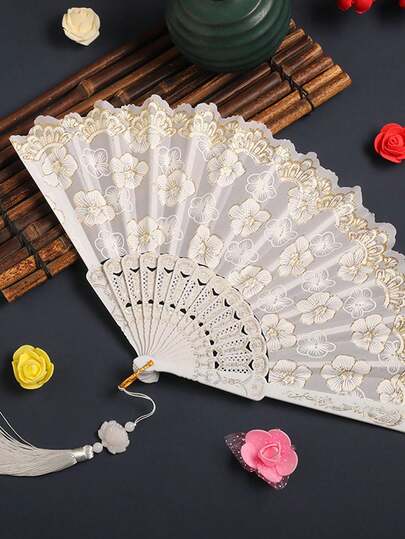 10pcs Vintage Bamboo Folding Fans With Cherry Blossom & Gold Foil Print, Tasseled Design, Portable Handheld Fans For Women, Decorative Gifts, Suitable For Graduation, Summer Cooling, Beach, Travel, Spring/Summer, Bridesmaid Gifts, Indoor Bedroom Decor