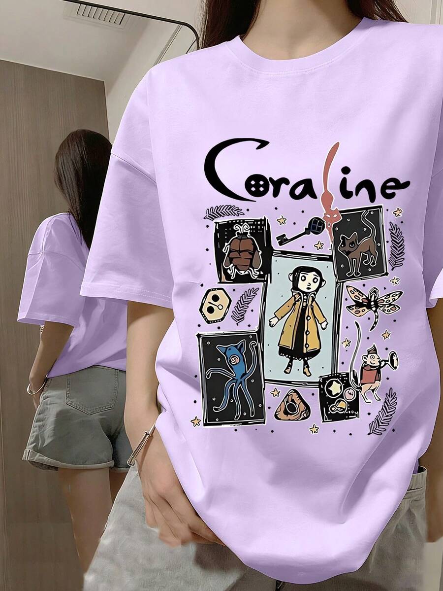 Girls' Cartoon Print Short Sleeve T-Shirt, Girls' Summer Round Neck Blouse - Purple - View 1