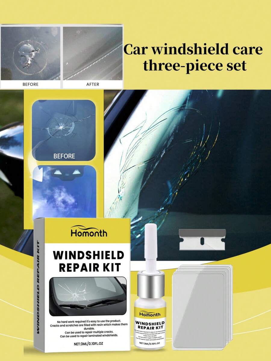3 件套挡风玻璃护理套装 - 挡风玻璃裂纹修复、清洁和翻新套装