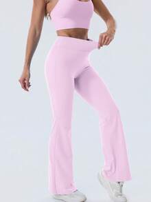 Women Flared Yoga Sports Pants High Waist Stretch Casual Soft Straight Leg Bottoms - Light Rose - 查看 3